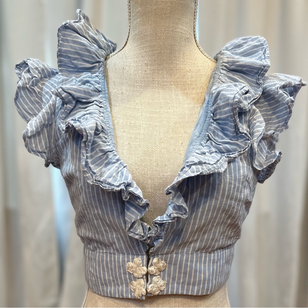 House of Harlow 1960 x Revolve blue and white ruffle trim crop top women S EUC